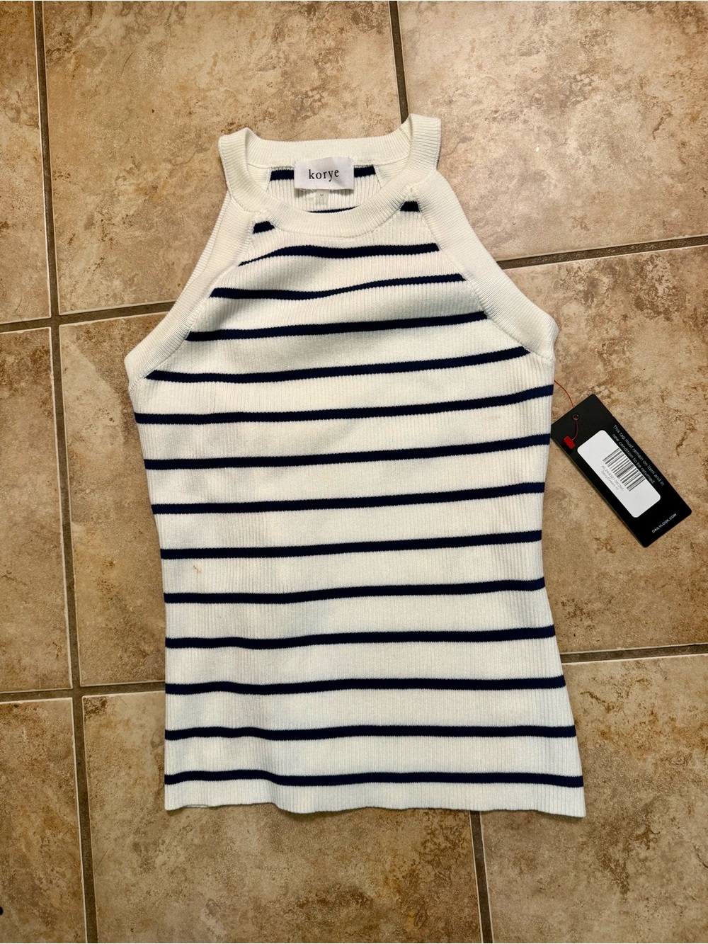 Korye Navy Stripe Ribbed High Neck Tank Top - White/Blue